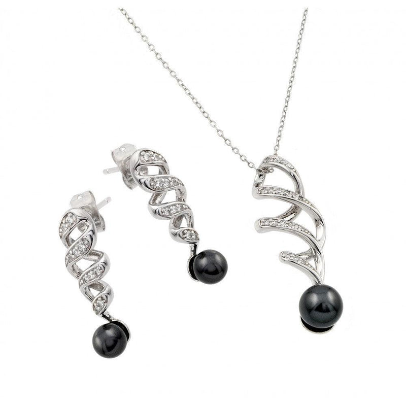 Silver 925 Rhodium Plated Gray Pearl Drop Clear Inlay Twist CZ Hanging Set - BGS00431GRY | Silver Palace Inc.