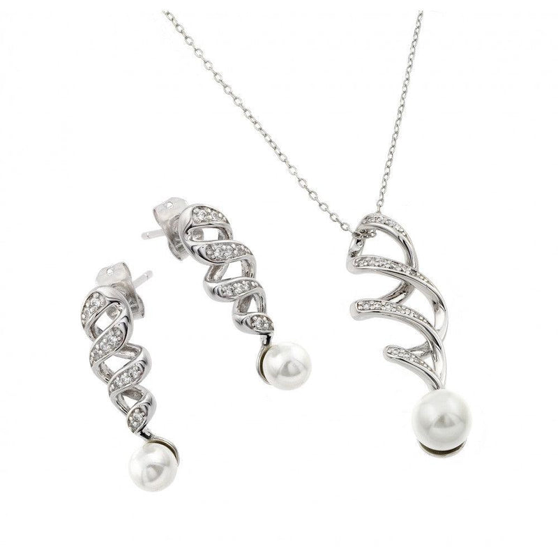 Silver 925 Rhodium Plated Pearl Drop Clear Inlay Twist CZ Dangling Set - BGS00431WHT | Silver Palace Inc.