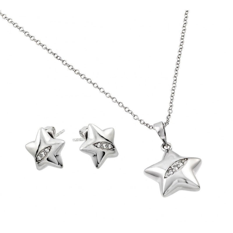 Silver 925 Rhodium Plated Clear Star Slash CZ Stud Earring and Necklace Set - BGS00436 | Silver Palace Inc.