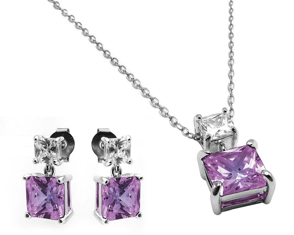 Rhodium Plated 925 Sterling Silver Square Birthstone CZ Hanging Set - BGS00439