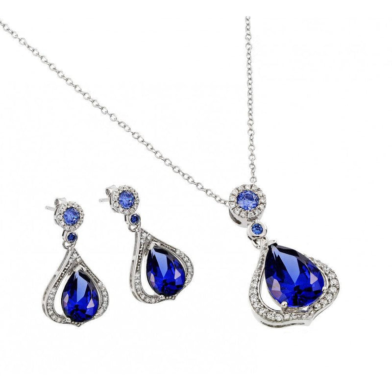 Silver 925 Rhodium Plated Clear and Blue Teardrop CZ Dangling Stud Earring and Dangling Necklace Set - BGS00440 | Silver Palace Inc.