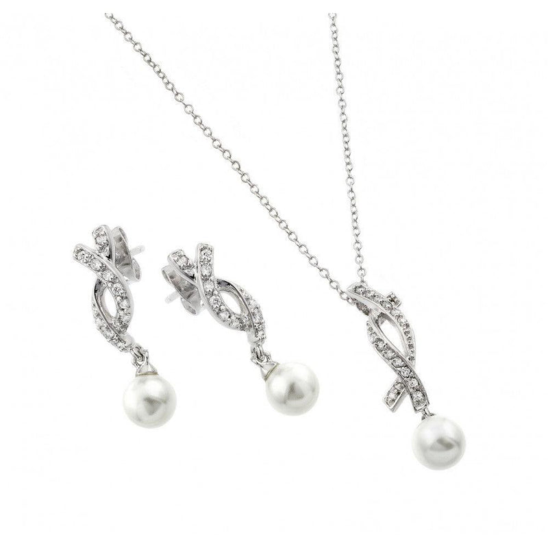 Silver 925 Rhodium Plated Pearl Drop Overlapping Ribbon CZ Hanging Stud Earring and Hanging Necklace Set - BGS00444 | Silver Palace Inc.