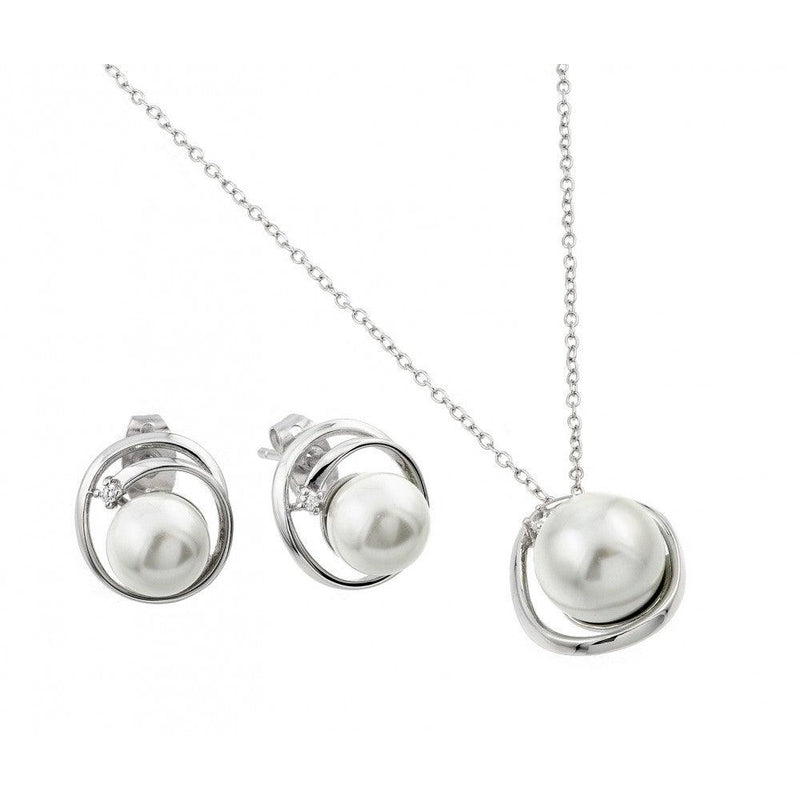 Silver 925 Rhodium Plated Pearl Winding Wrap Single Clear CZ Stud Earring and Necklace Set - BGS00447 | Silver Palace Inc.
