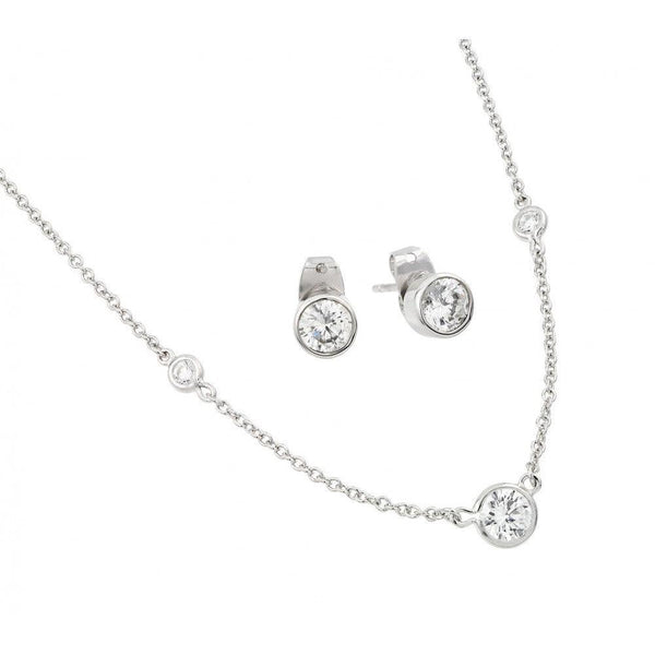Silver 925 Rhodium Plated Clear Individual CZ Stud Earring and Chain Necklace Set - BGS00449 | Silver Palace Inc.