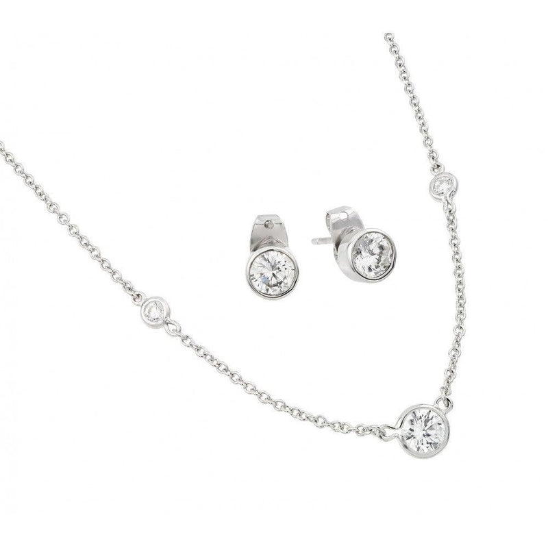 Silver 925 Rhodium Plated Clear Individual CZ Stud Earring and Chain Necklace Set - BGS00449 | Silver Palace Inc.