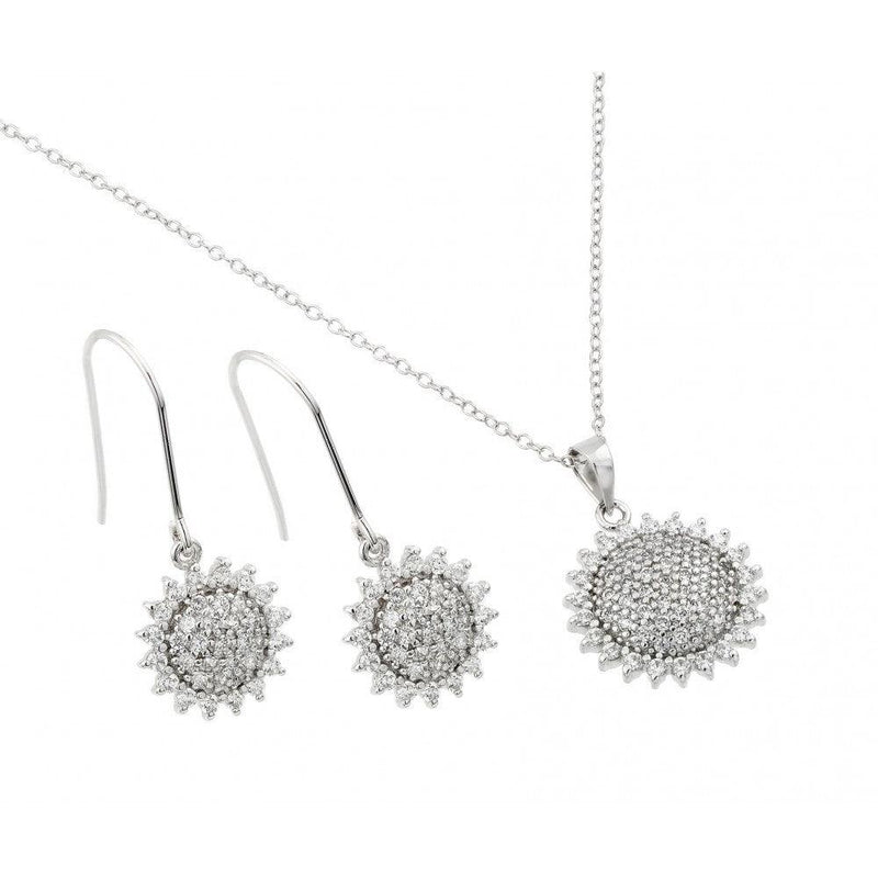 Silver 925 Rhodium Plated Clear Pave Set Sun CZ Hook Earring and Necklace Set - BGS00450 | Silver Palace Inc.