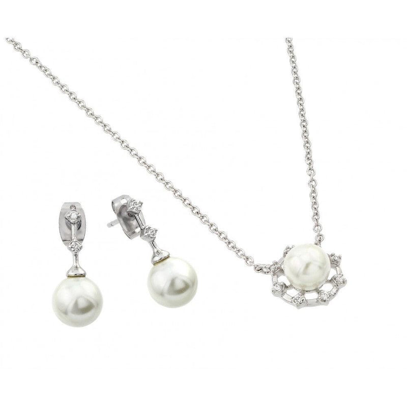 Silver 925 Rhodium Plated Pearl Drop Clear CZ Hanging Stud Earring and Necklace Set - BGS00451 | Silver Palace Inc.