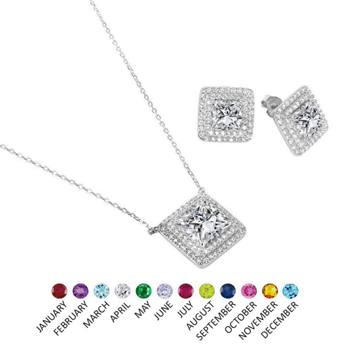 Silver 925 Rhodium Plated Square CZ Cluster Birthstone Set - BGS00455 | Silver Palace Inc.