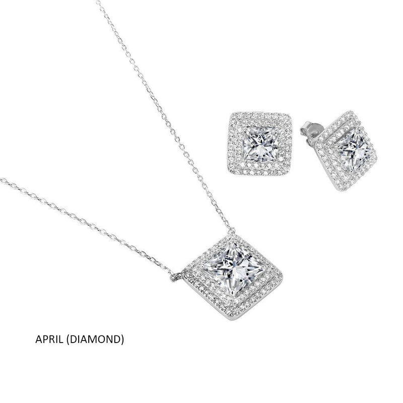 Rhodium Plated 925 Sterling Silver Square CZ Cluster Birthstone Set - BGS00455