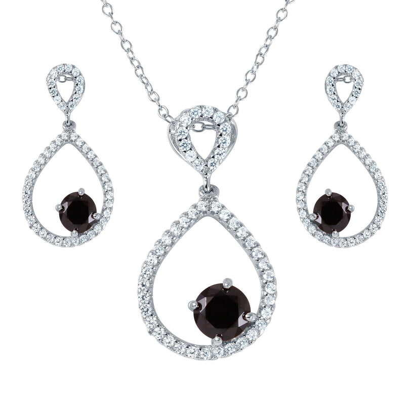 Silver 925 Rhodium Plated Black and Clear CZ Open Teardrop Set - BGS00462 | Silver Palace Inc.