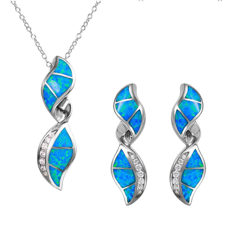 Silver 925 Twisted Design Set with Blue Synthetic Opal and CZ - BGS00466 | Silver Palace Inc.