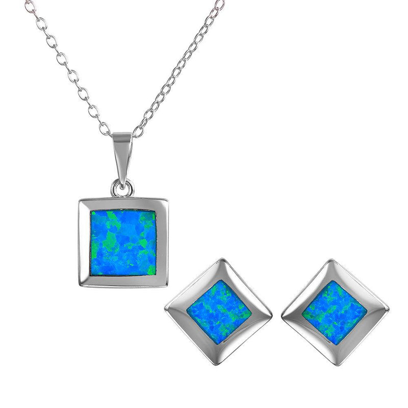Silver 925 Square Blue Synthetic Opal Set - BGS00468 | Silver Palace Inc.