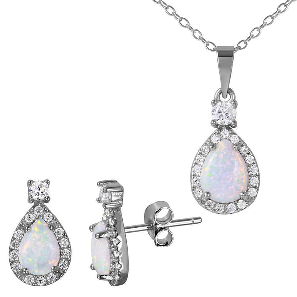 Silver 925 Rhodium Plated Halo Teardrop Set with Synthetic Opal and CZ - BGS00473 | Silver Palace Inc.