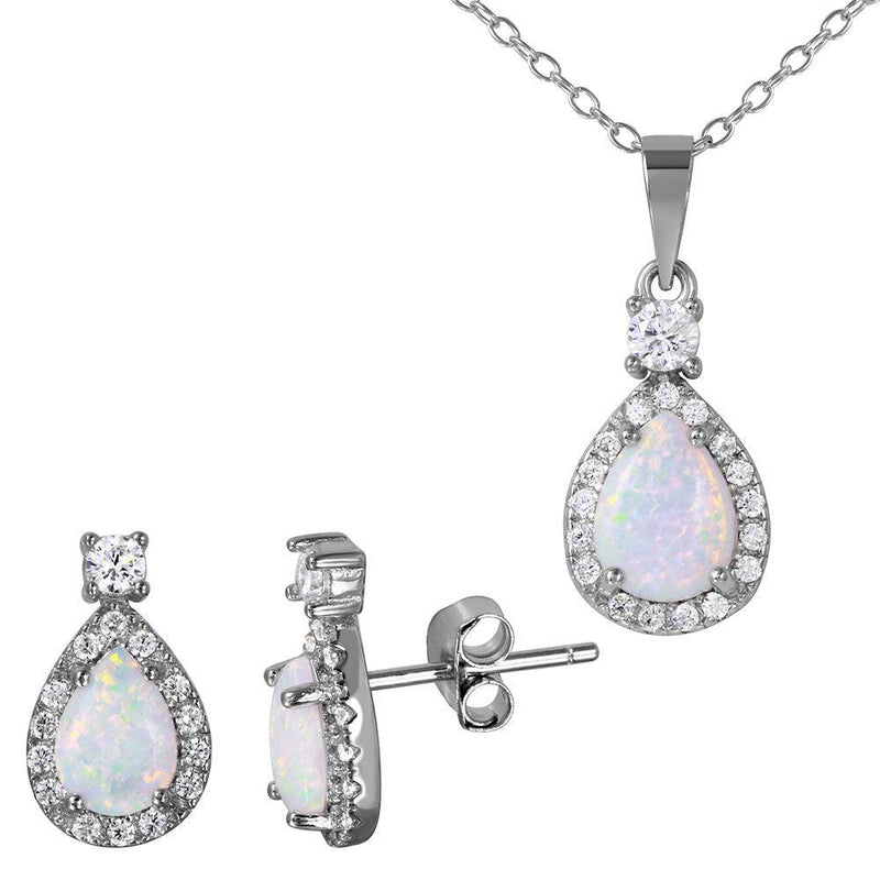Silver 925 Rhodium Plated Halo Teardrop Set with Synthetic Opal and CZ - BGS00473 | Silver Palace Inc.