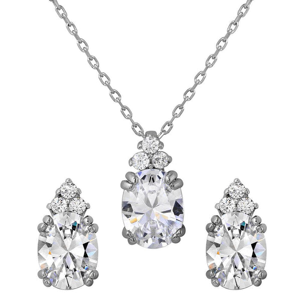 Silver 925 Rhodium Plated Oval CZ Earrings and Necklace Set - BGS00475 | Silver Palace Inc.