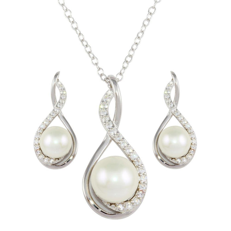 Silver 925 Rhodium Plated Teardrop Necklace and Earring Set with Synthetic Pearl and CZ - BGS00476 | Silver Palace Inc.