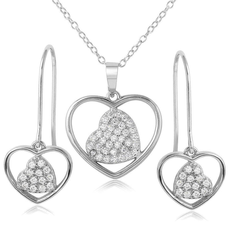 Silver 925 Rhodium Plated Double Heart CZ Earrings and Necklace Set - BGS00478 | Silver Palace Inc.