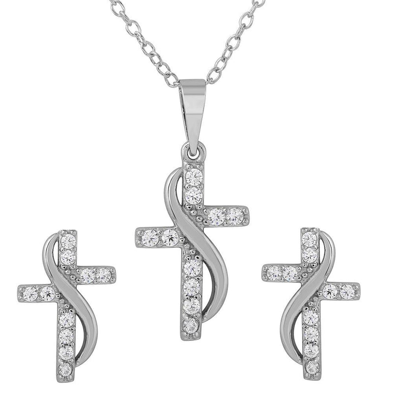Silver 925 Rhodium Plated CZ Cross With Sash Earrings And Necklace Set - BGS00482 | Silver Palace Inc.
