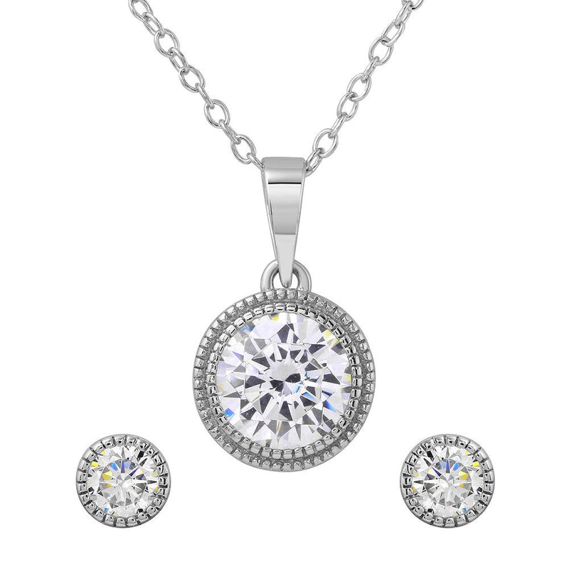 Silver 925 Rhodium Plated Round CZ Earring and Necklace Set - BGS00483 | Silver Palace Inc.