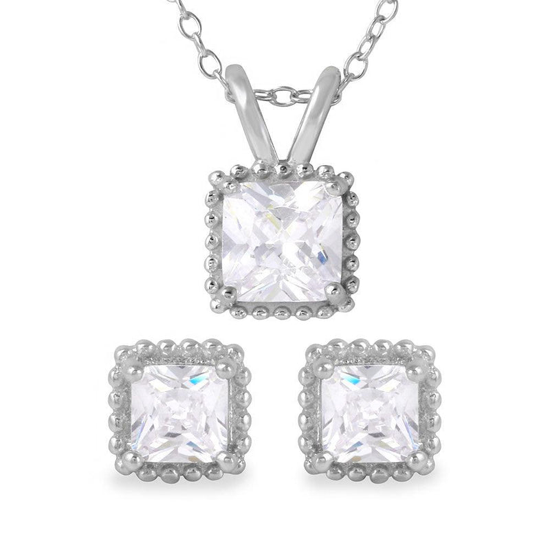 Silver 925 Rhodium Plated Square CZ Earrings and Necklace Set - BGS00484 | Silver Palace Inc.
