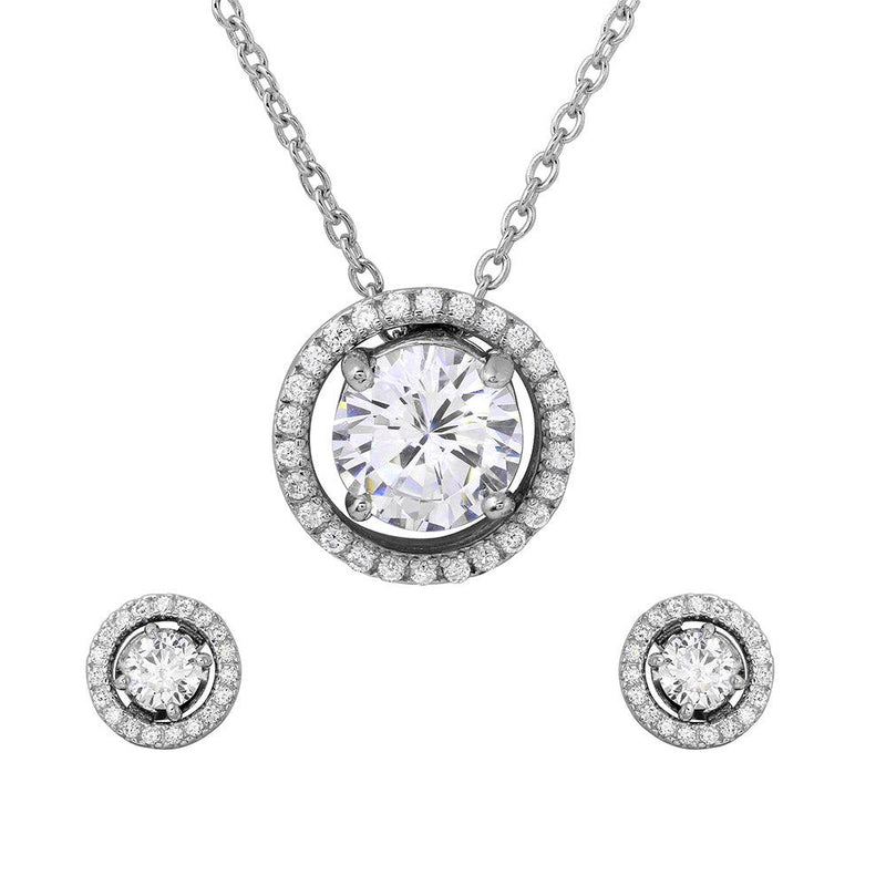 Silver 925 Rhodium Plated Halo CZ Round Earrings and Necklace Set - BGS00485 | Silver Palace Inc.