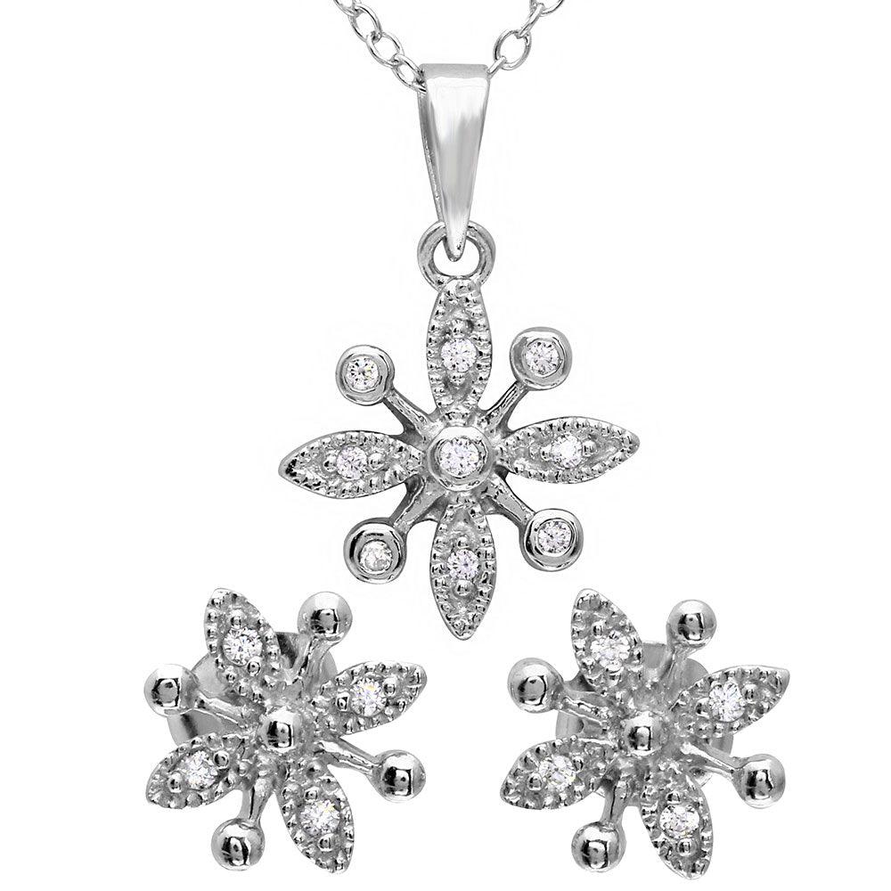 Silver 925 Rhodium Plated CZ Flower Set - BGS00488 | Silver Palace Inc.