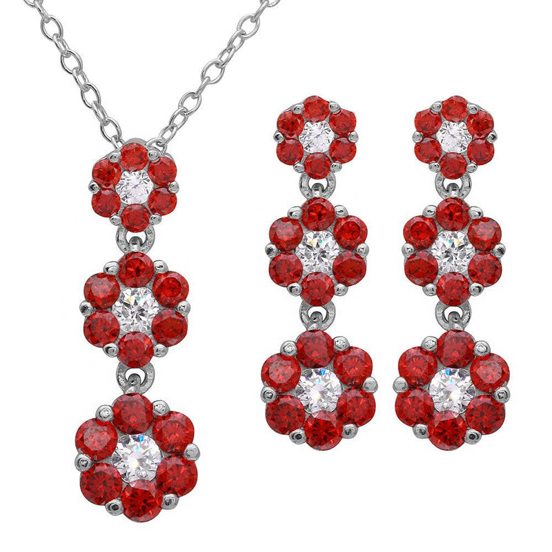 Silver 925 Rhodium Plated 3 Drop Red CZ Flower Set - BGS00489RED | Silver Palace Inc.
