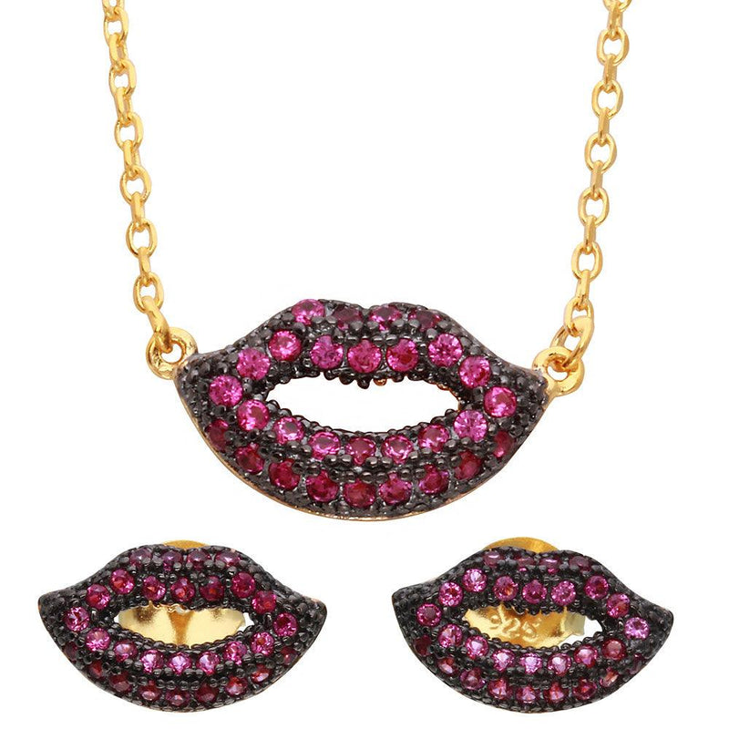 Silver 925 Gold Plated Pink CZ Lips Set - BGS00490GP | Silver Palace Inc.