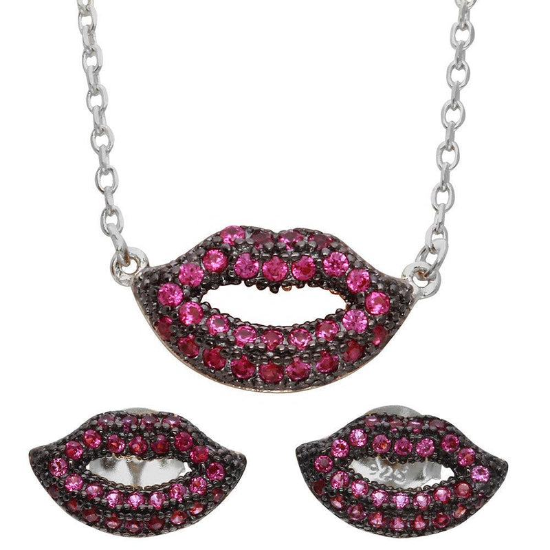 Silver 925 Rhodium Plated Pink CZ Lips Set - BGS00490RHD | Silver Palace Inc.