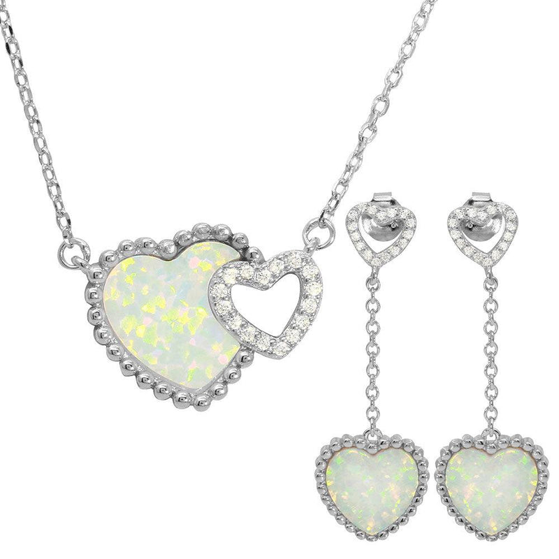 Silver 925 Rhodium Plated Double Heart CZ and Opal Matching Set - BGS00495 | Silver Palace Inc.