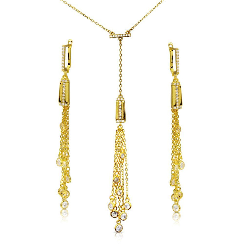 Silver 925 Gold Plated Dropped Bar with CZ Strands Matching Set - BGS00496 | Silver Palace Inc.