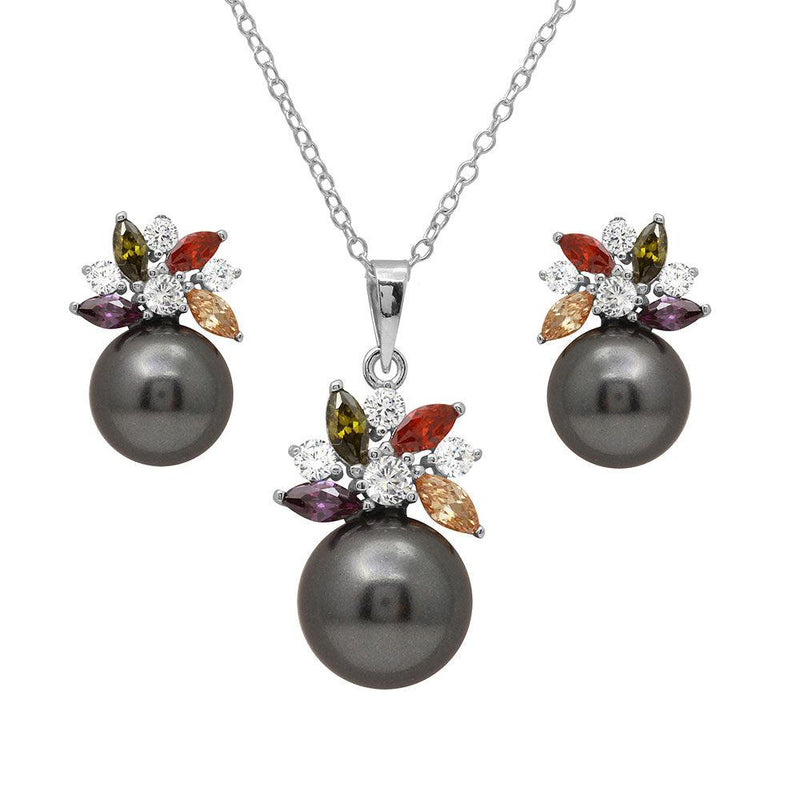 Silver 925 Rhodium Plated Multi CZ Flower Set with Synthetic Black Pearl - BGS00500 | Silver Palace Inc.