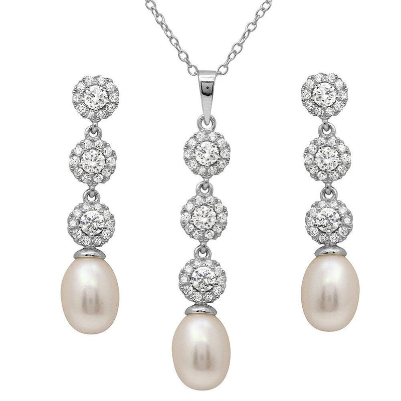 Silver 925 Rhodium Plated Drop CZ and Fresh Water Pearl Set - BGS00503 | Silver Palace Inc.