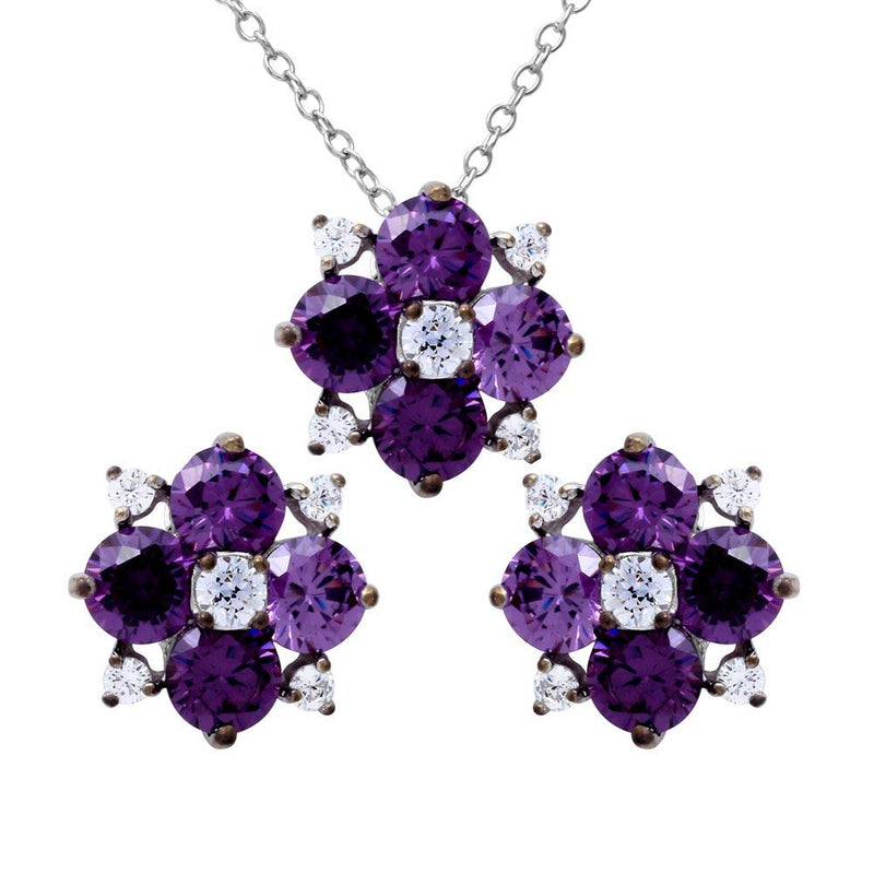 Silver 925 Rhodium Plated Purple Flower CZ Sets - BGS00507AMY | Silver Palace Inc.