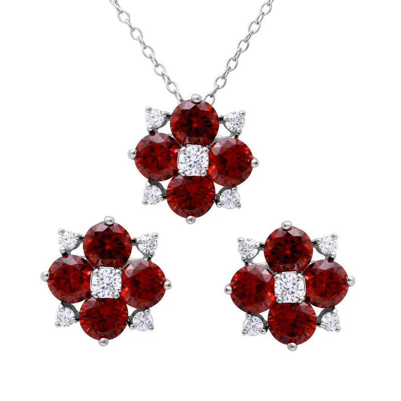 Silver 925 Rhodium Plated Red Flower CZ Sets - BGS00507RED | Silver Palace Inc.