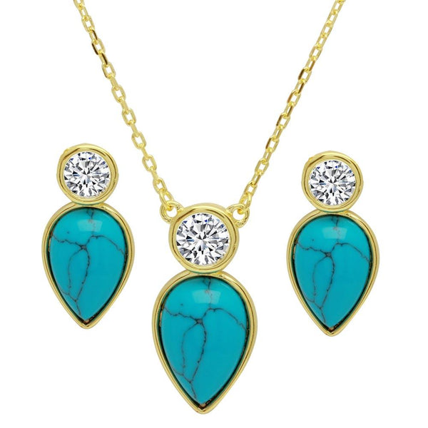 Silver 925 Gold Plated Round CZ with Hanging Pear Turquoise Set - BGS00511 | Silver Palace Inc.