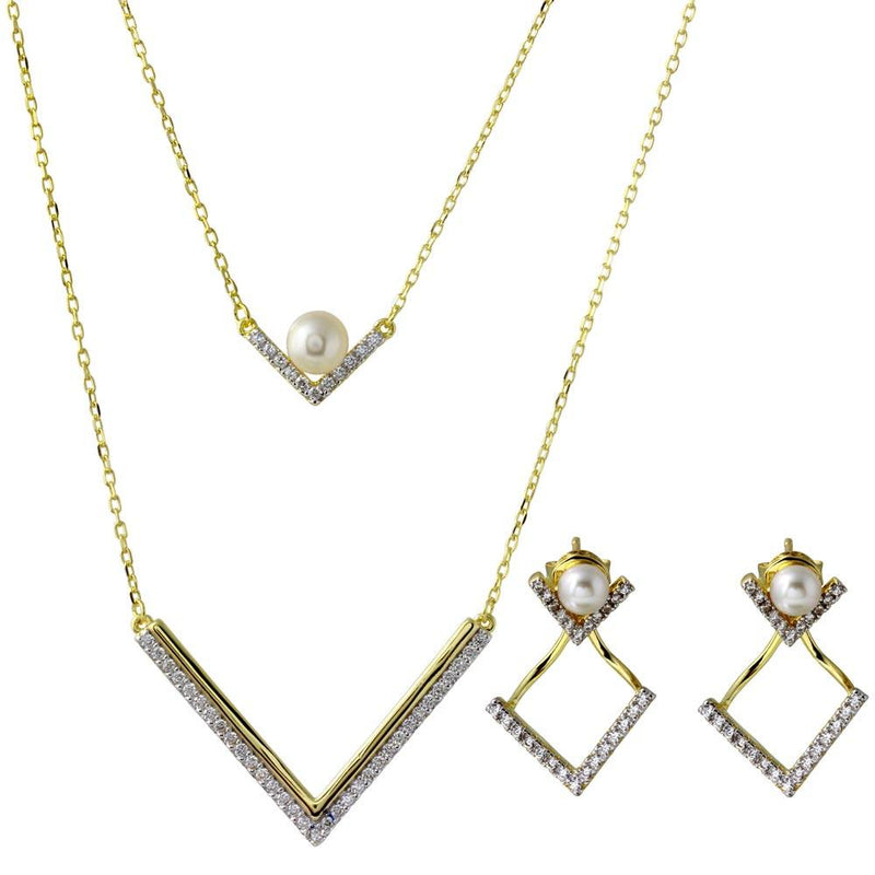 Silver 925 Gold Plated Double Strand V-Shaped Set with Fresh Water Pearl and CZ - BGS00512 | Silver Palace Inc.