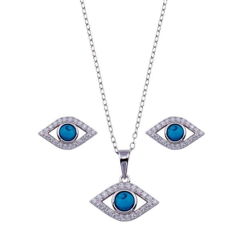 Rhodium Plated 925 Sterling Silver Clear CZ Turquoise Evil Eye Set - BGS00513RHD | Silver Palace Inc.