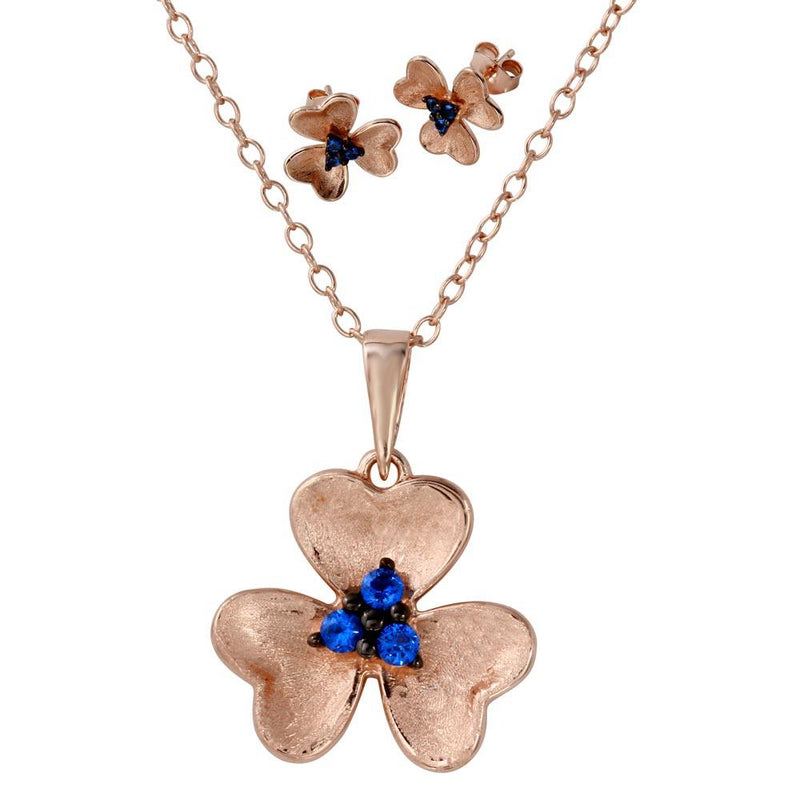 Silver 925 Rose Gold and Black Rhodium Plated Flower Set with Matte Finish and Blue CZ - BGS00514 | Silver Palace Inc.