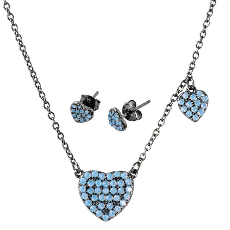 Silver 925 Black Rhodium Plated Light Blue Opal Heart Set - BGS00515 | Silver Palace Inc.