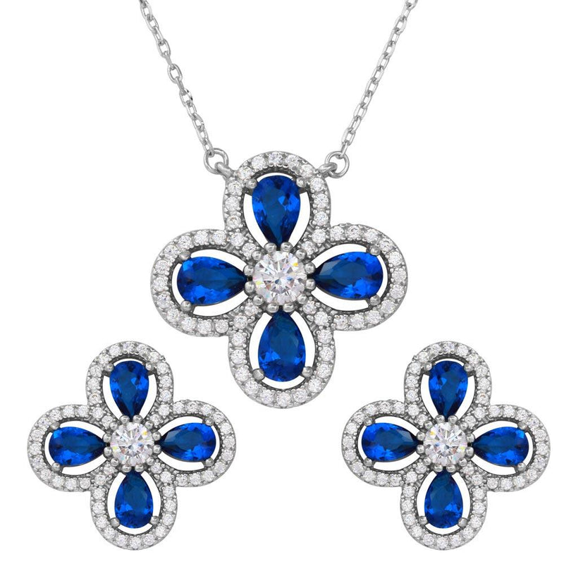 Silver 925 Rhodium Plated 4 Leaf Clover with Blue Teardrop and Clear Round CZ - BGS00519BLU | Silver Palace Inc.