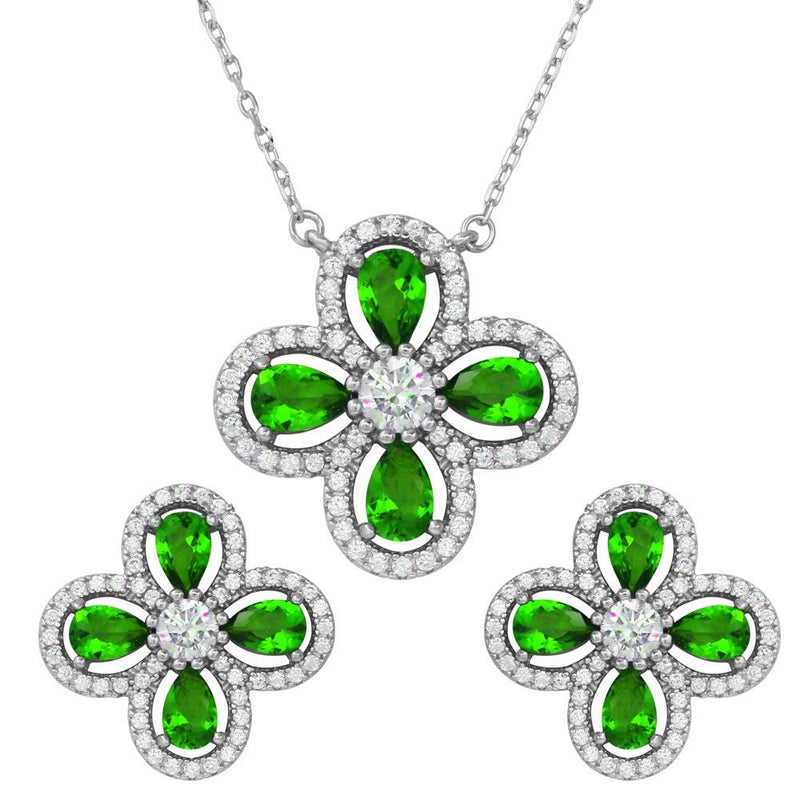 Silver 925 Rhodium Plated 4 Leaf Clover with Green Teardrop and Clear Round CZ - BGS00519GRN | Silver Palace Inc.