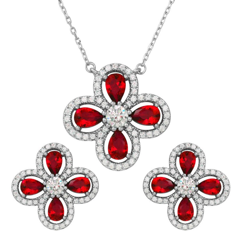 Silver 925 Rhodium Plated 4 Leaf Clover with Red Teardrop and Clear Round CZ - BGS00519RED | Silver Palace Inc.