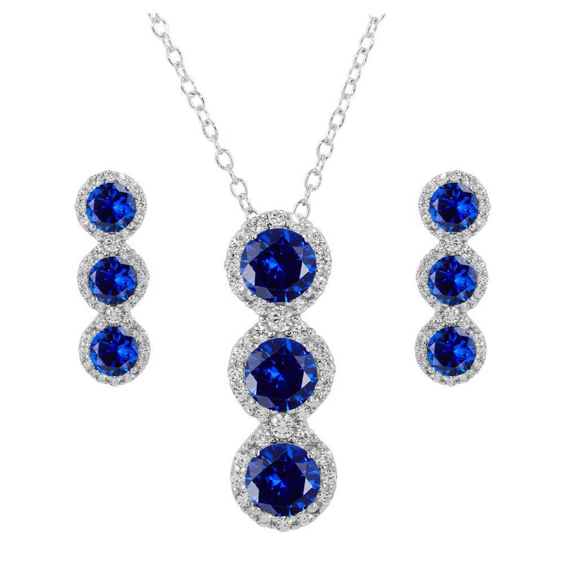 Silver 925 Rhodium Plated 3 Blue Stone CZ Stud Earring and Necklace Set - BGS00522BLU | Silver Palace Inc.