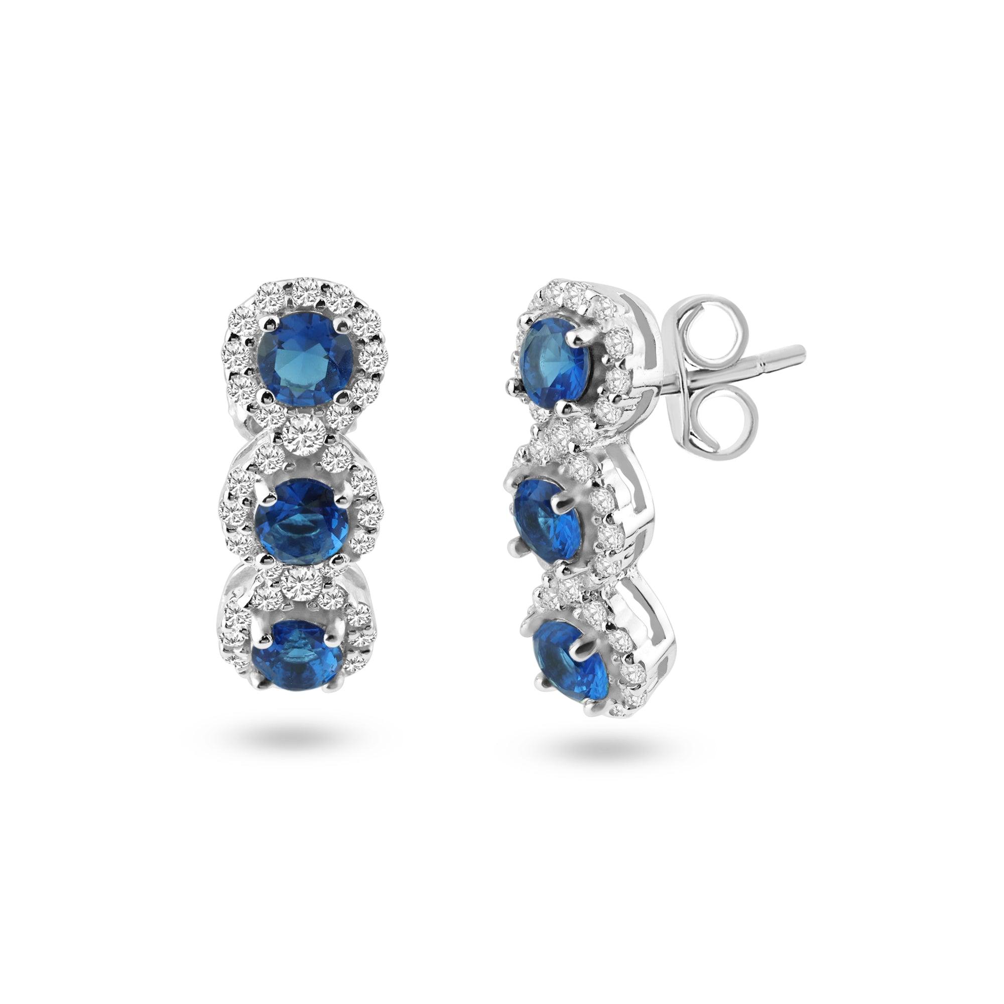 Conjunto de pendientes y collar con tres circonitas azules en plata de ley 925 rodiada - BGS00522BLU