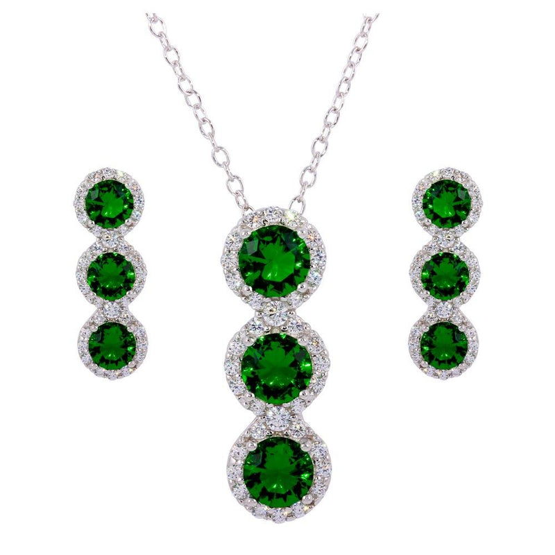 Silver 925 Rhodium Plated 3 Green Stone CZ Stud Earring and Necklace Set - BGS00522GRN | Silver Palace Inc.