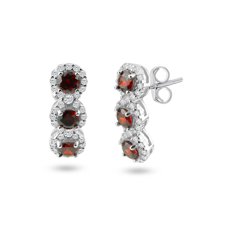 Rhodium Plated 925 Sterling Silver 3 Red Stone CZ Stud Earring and Necklace Set - BGS00522RED