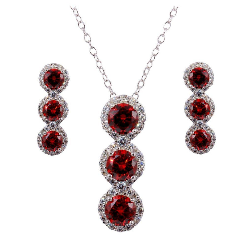 Silver 925 Rhodium Plated 3 Red Stone CZ Stud Earring and Necklace Set - BGS00522RED | Silver Palace Inc.