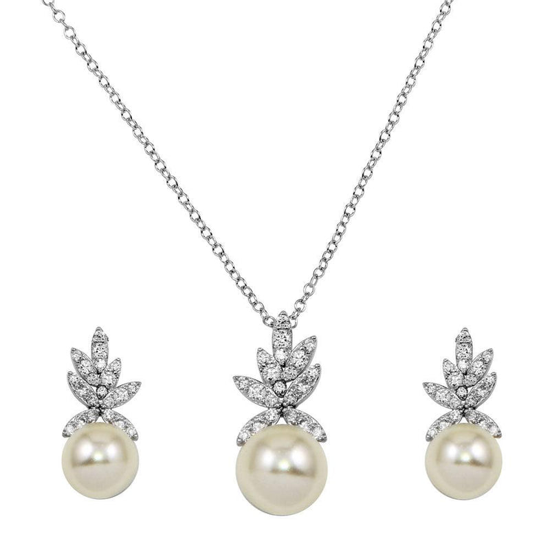 Silver 925 Rhodium Plated CZ Leaves with Synthetic Pearl Set - BGS00528 | Silver Palace Inc.