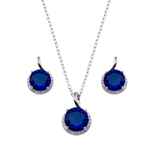 Silver 925 Rhodium Plated Blue CZ Earring and Necklace Set - BGS00534BLU | Silver Palace Inc.